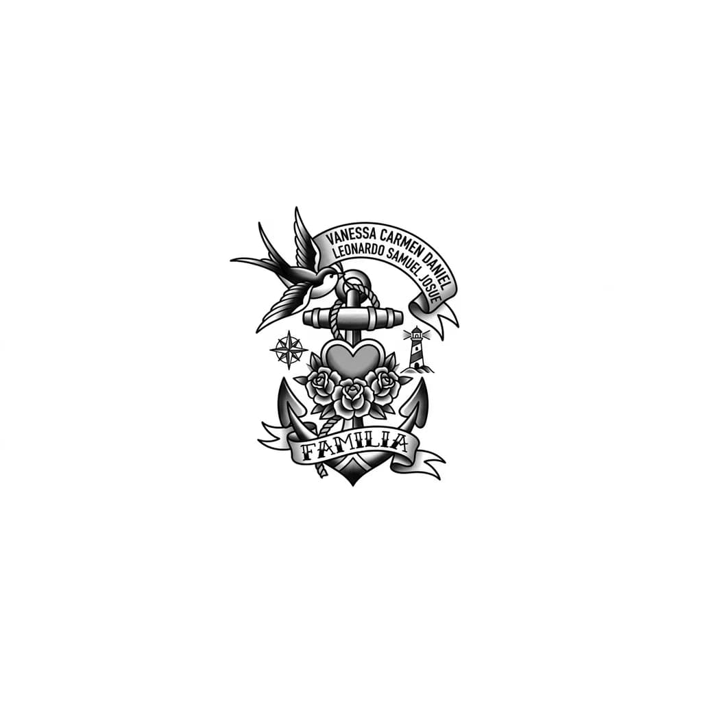 Тату эскиз: un tatoo para el brazo los nombes de 5 personas o iniciales y algo que represente mis hermanos mi madre y la familia
