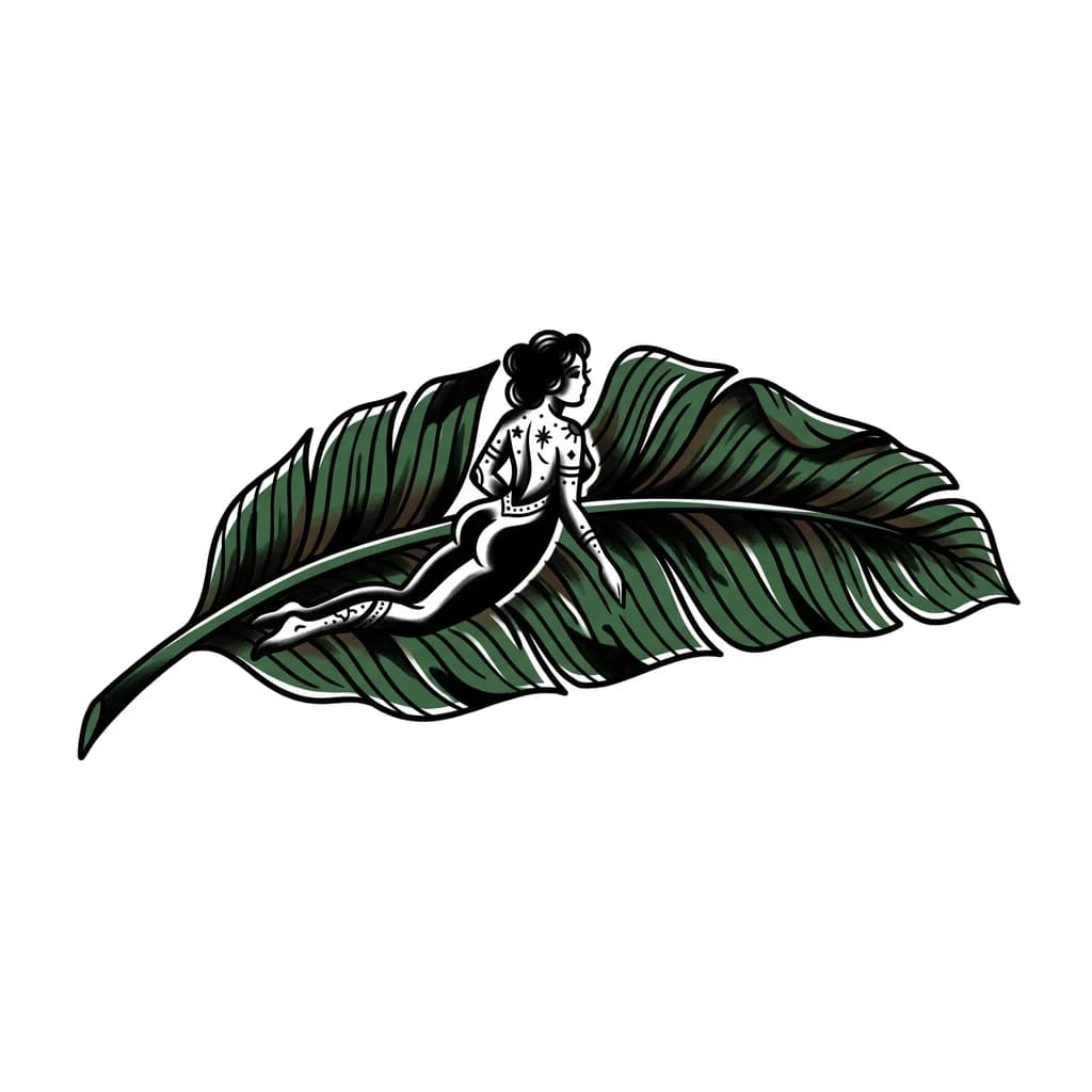 Тату эскиз: banana leaf tattoo, female silhouette integrated, fine line, minimalist, elegant, small tattoo, black ink, delicate lines, realistic botanical leaf