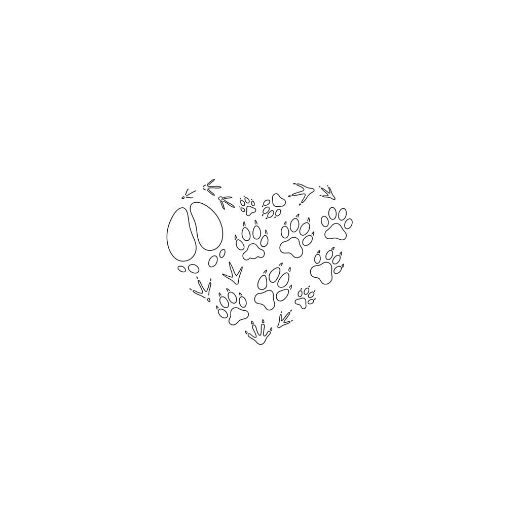 Тату эскиз: “tatuaje minimalista de huellas de varios animales formando un corazón, fine line, estilo delicado, blanco y negro, todas las huellas formando un corazón, huellas de elefante, perro, gato, tortuga, y de más  
