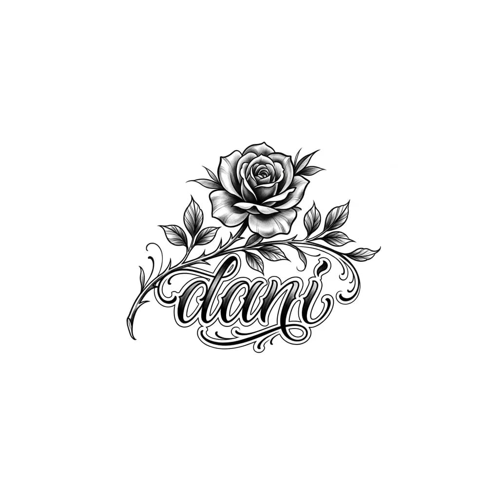 Тату эскиз: tatu con una rosa y en el ramo ponga dani todo seguido
