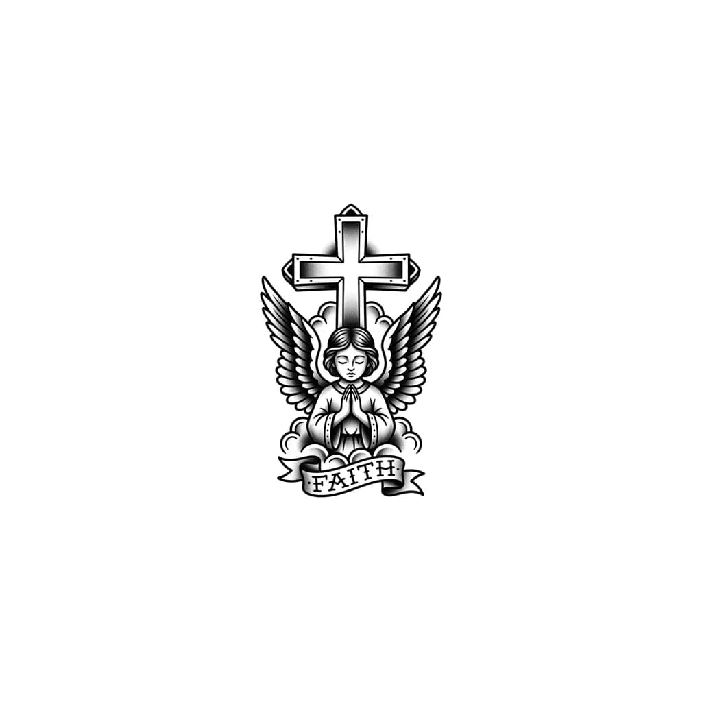 Тату эскиз: un tatuaje en el antebrazo exterior que empieze desde abajo con un angel rezando despues arriba de el una cruz 