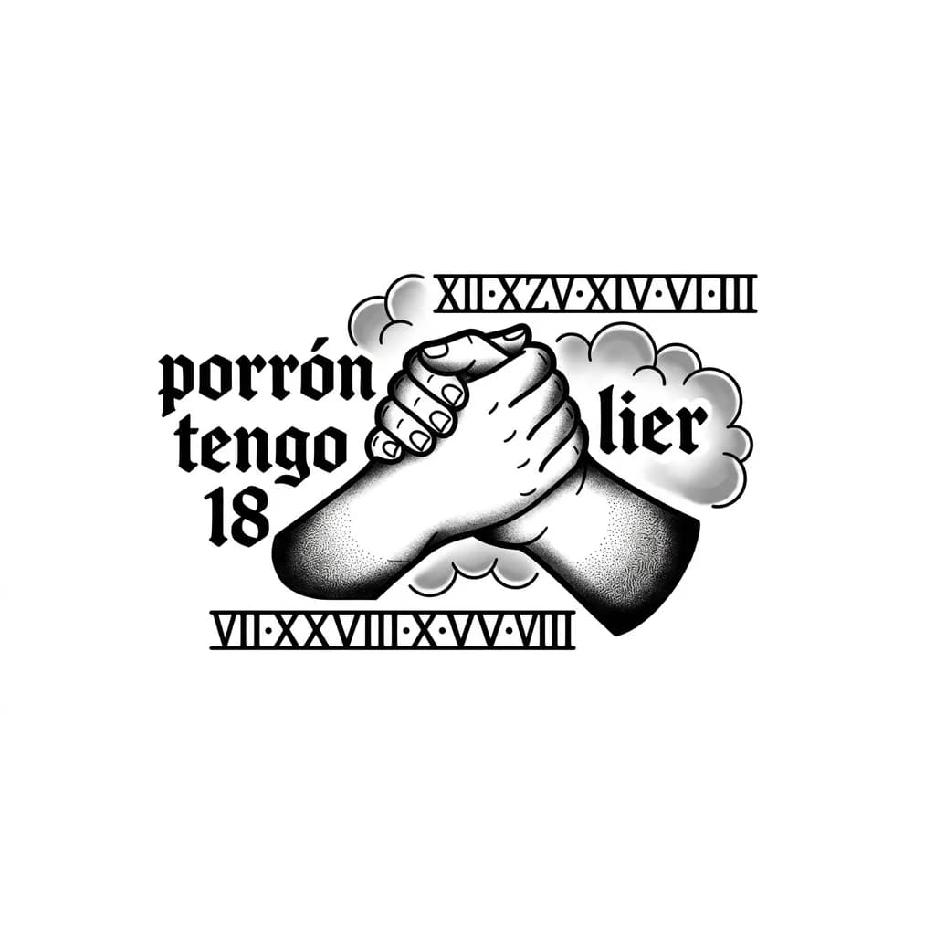 Тату эскиз: En toda la pierna, desde el tobillo hasta por debajo de la rodilla, dos manos juntándose en la parte del gemelo, una frase de tres líneas(porrón tengo 18) en el lado exterior de la pierna, fecha de nacimiento de mi madre y de mi padre en números romanos y el nombre de mi hermano(lier) acompañado de unas sombras con forma de nube