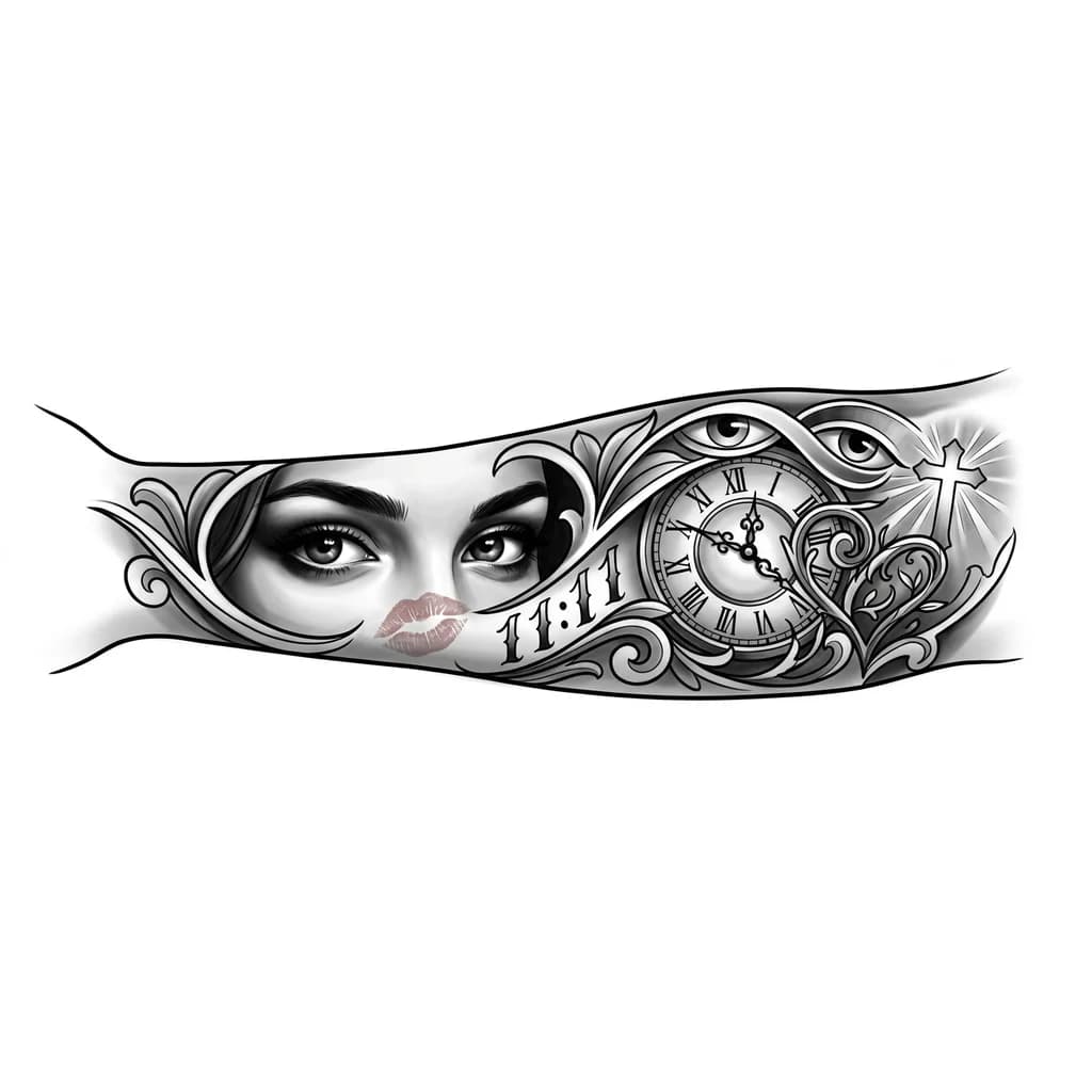 Тату эскиз: Dibuja en un antebrazo de un hombre un tatuaje que incluya lo siguiente 

Ojos de una mujer  realisticos solo la franja de los ojos hasta las cejas 

Un beso de ella 

11:11

Algo que simbólico que siempre la e amado 

Un reloj 

Algo que simbolise que Dios nos cuida como pareja