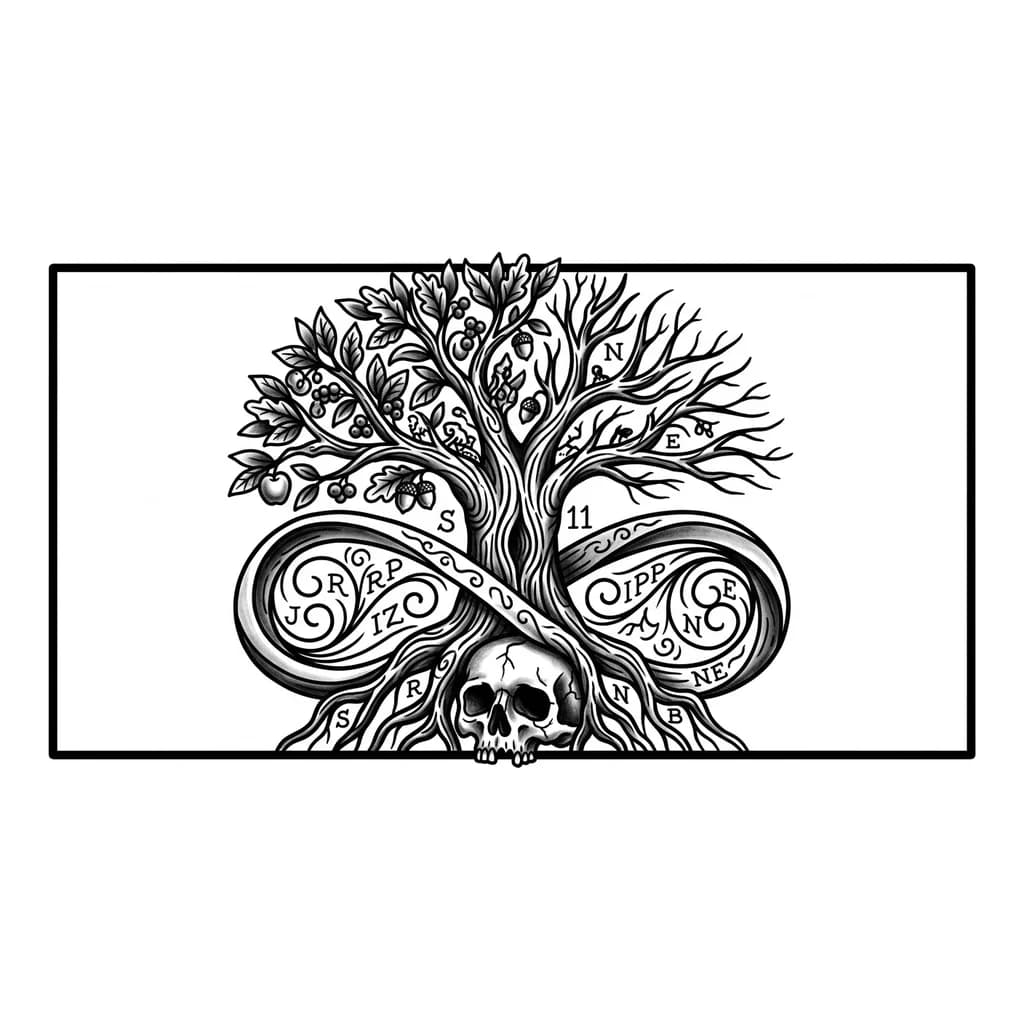 Тату эскиз: Tatuaje en el antebrazo de arbol de la vida
Donde hayan letras escondidas (J,S,RP,R,IZ,AIPP,N,E,NE,B) 
Numero 11 escondido
Infinito
La muerte
La vida 