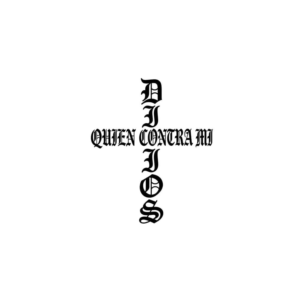 Тату эскиз: “tattoo vertical cross made of words DIOS vertical and QUIEN CONTRA MI horizontal, roman old font, gothic style, ancient bible engraving, black ink”