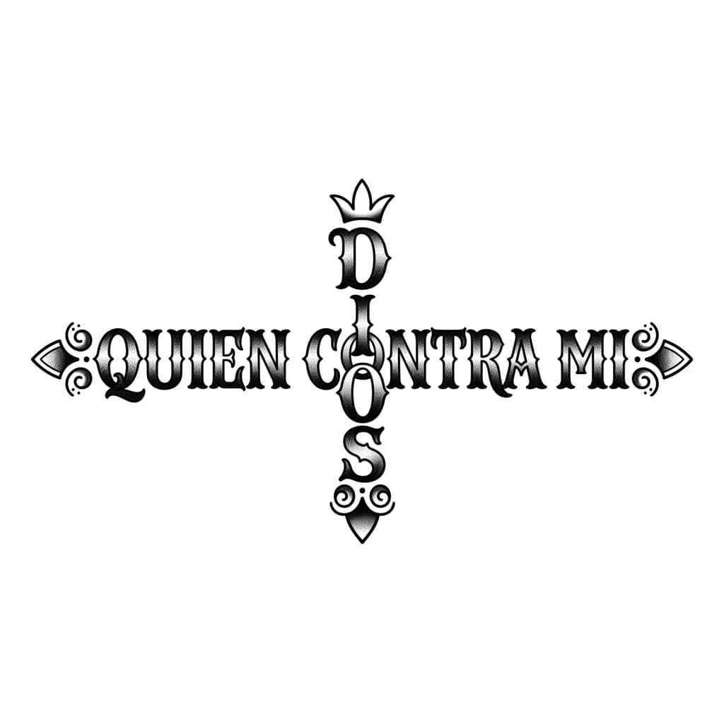Тату эскиз: “tattoo vertical cross made of words DIOS vertical and QUIEN CONTRA MI horizontal, roman old font, gothic style, ancient bible engraving, black ink”