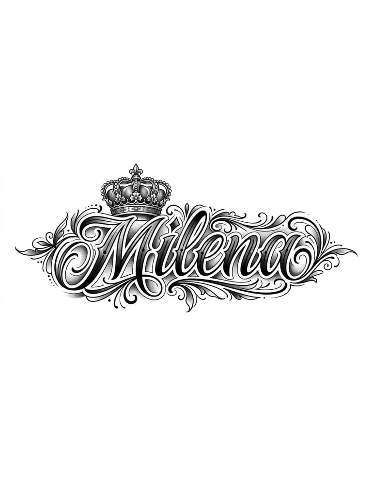 Тату эскиз: Tatuaje grande en el antebrazo con el nombre Milena, las letras en lettering, con sombras por todo lado y difuminado y una corona encima de la M