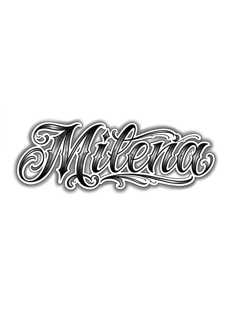 Тату эскиз: Tatuaje grande en el antebrazo con el nombre Milena, las letras en lettering, con sombras por todo lado y difuminado, la persona que se lo va ah tatuar es el hijo entonces has un diseño muy bacano