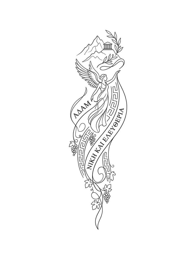 Тату эскиз: Eres un tatuador especialista en Lina fina y cultura griega. Te piden hacer un diseño de unos tatuajes ya hechos, que complementan la idea y buscan la estética. El cliente tiene una tatuaje en el oblicuo de Adán matando al demonio y el el costado derecho en las costillas el lettering de 15 words. Deja el abdomen y pecho libre con la menor cantidad de tatuajes en esa zona, que sean minimalistas lo más posible, usando lettering y diseños griegos, procura ocupar únicamente los laterales del dorso