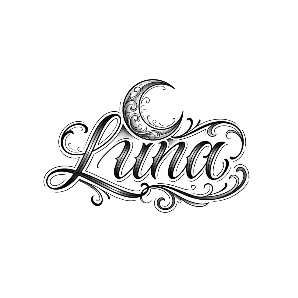 Тату эскиз: Letering con el nombre, Luna con sombras y un logo de la luna