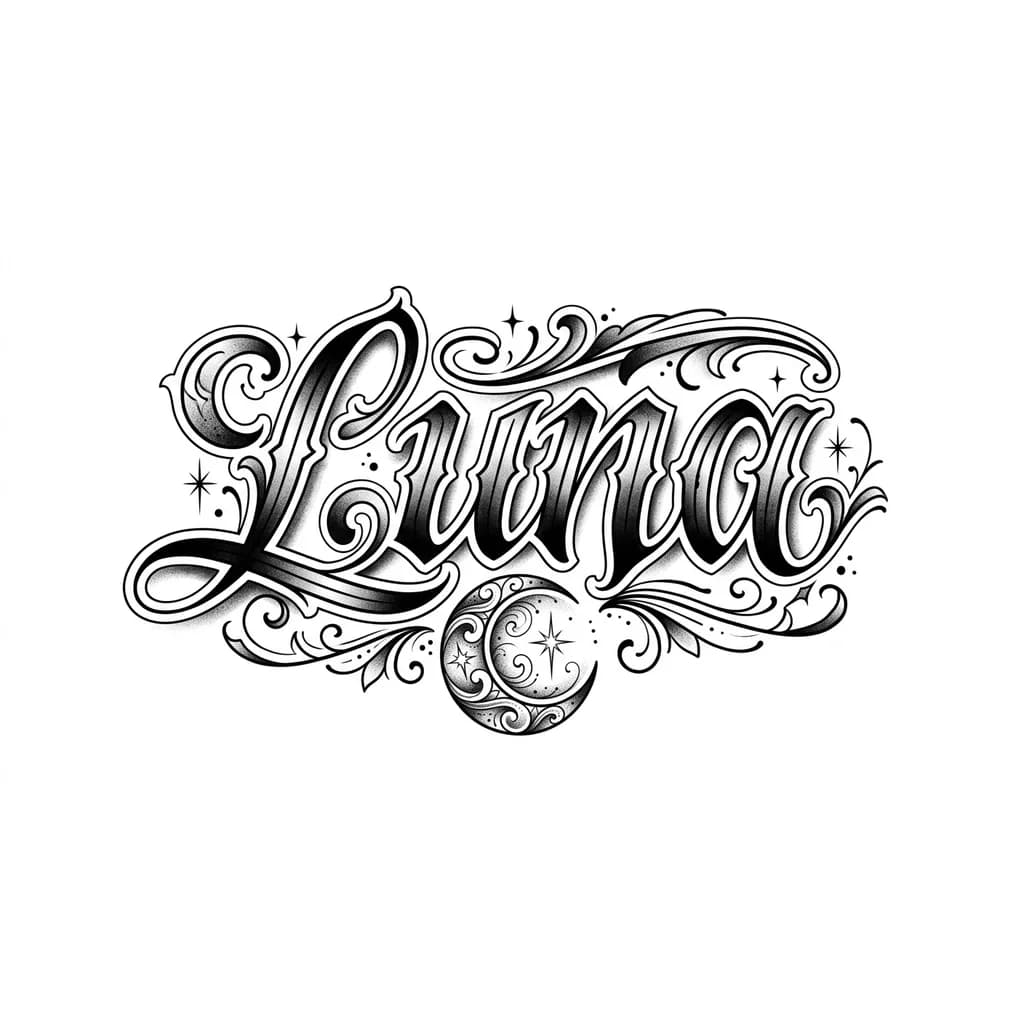 Тату эскиз: Letering con el nombre, Luna con sombras por todo lado y difuminado y un logo de la luna