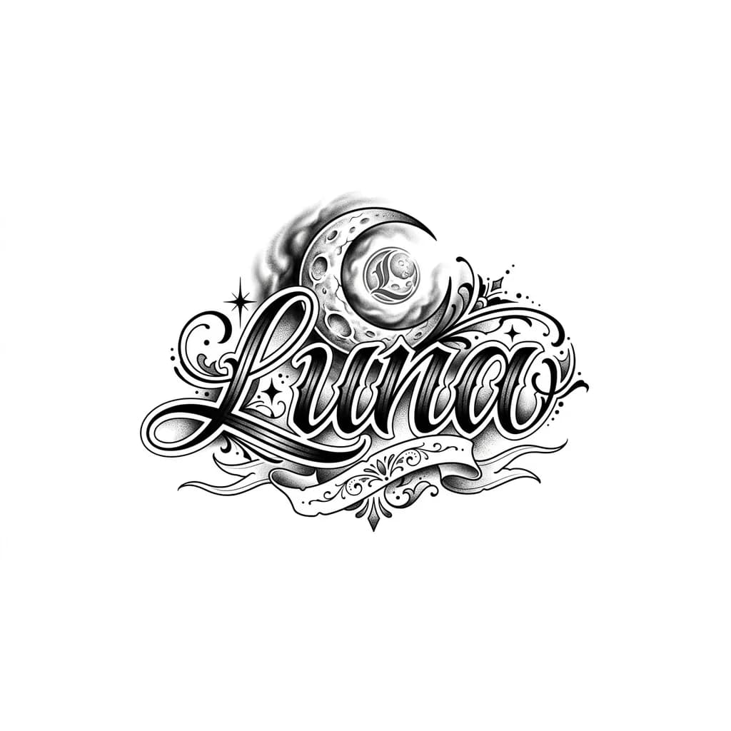 Тату эскиз: Letering con el nombre, Luna con sombras por todo lado y difuminado y un logo de la luna