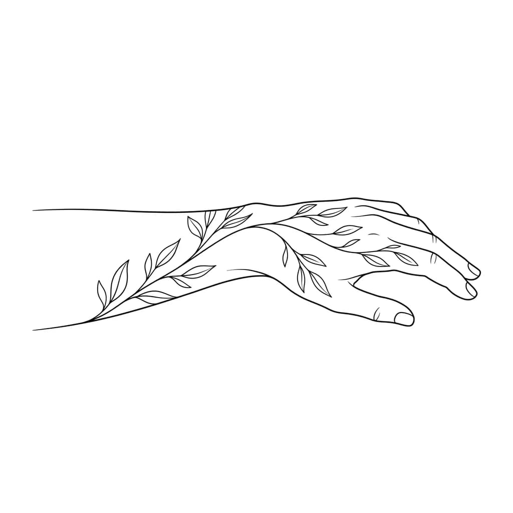 Тату эскиз: minimalist fine line botanical tattoo, thin elegant branch with leaves, flowing naturally from wrist to hand and fingers, clean simple lines, no shading, masculine, modern tattoo design, organic flow following hand shape