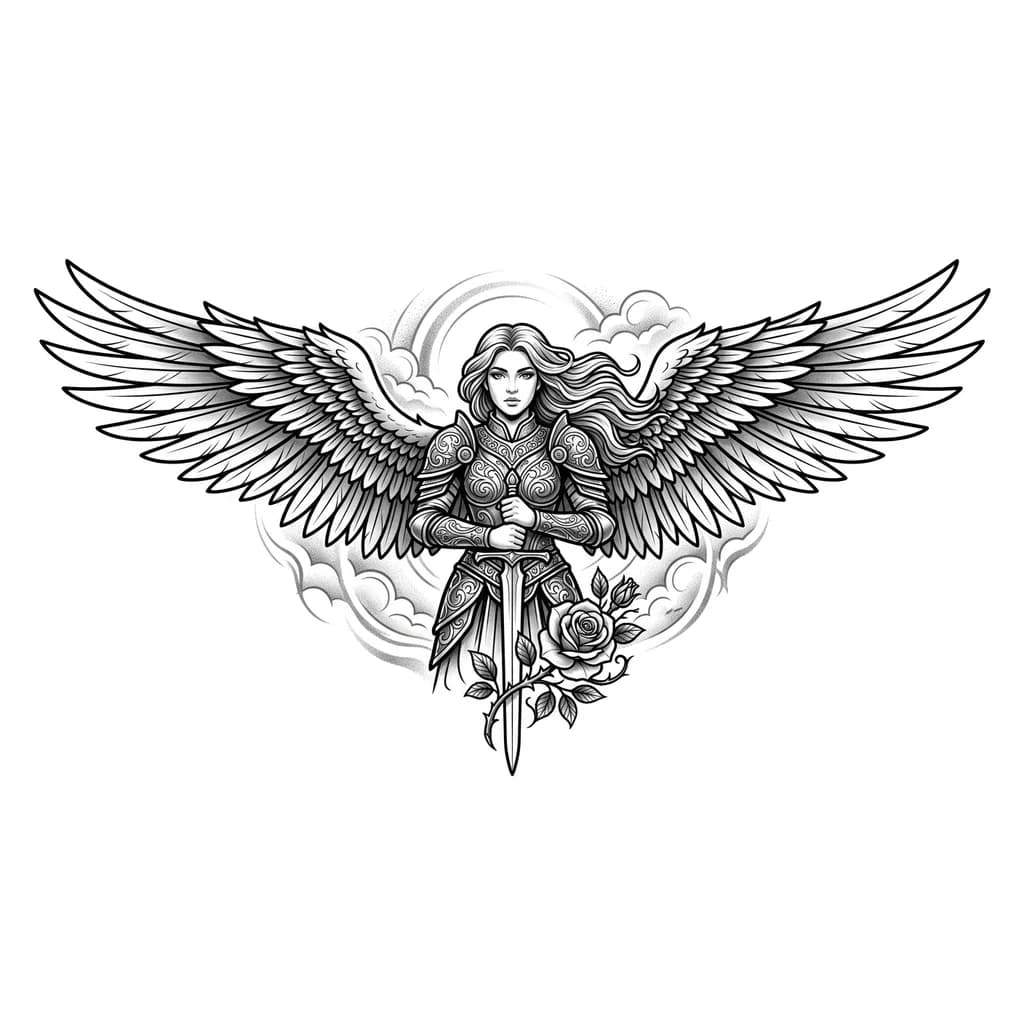 Тату эскиз: Ángel femenino poderoso, inspirado en el Arcángel Miguel, con armadura elegante (sin desnudos), alas grandes y detalladas extendidas. El ángel sostiene una espada larga apuntando hacia abajo en posición de protección o victoria Expresión serena pero fuerte. Cabello largo y fluido movido por el viento. Añadir una rosa detallada integrada en la composición (puede estar en la mano, enredada en la espada o en la base del diseño)
Fondo con nubes suaves y atmósfera celestial, con iluminación dramática