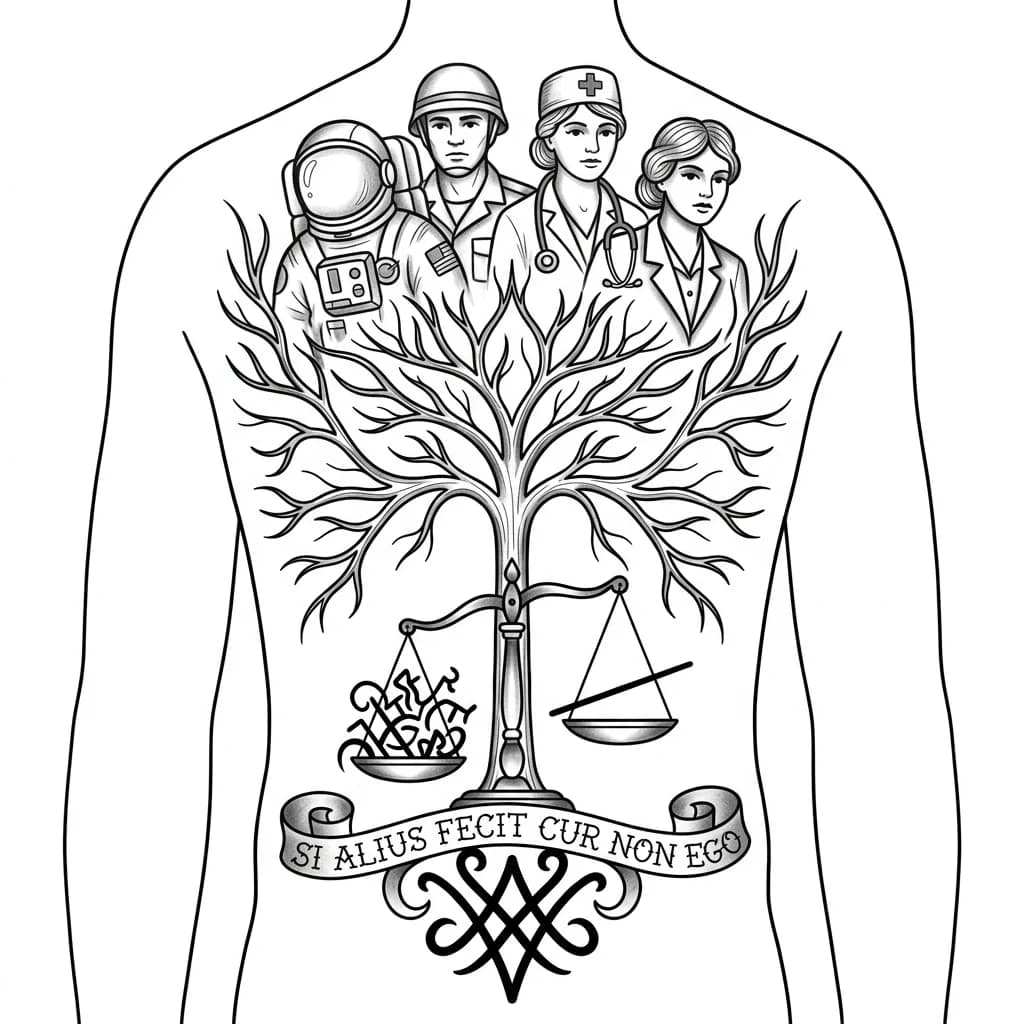 Тату эскиз: full back tattoo, fine line engraving style, minimal shading, no heavy black fill, elegant composition following spine. top: ghost-like overlapping figures (astronaut, soldier, veterinarian, businesswoman). center: tree or nervous system with branching paths. lower: antique balance scale, chaos vs single straight line. bottom: abstract sigil. subtle latin text "Si alius fecit cur non ego". clean, detailed, not saturated