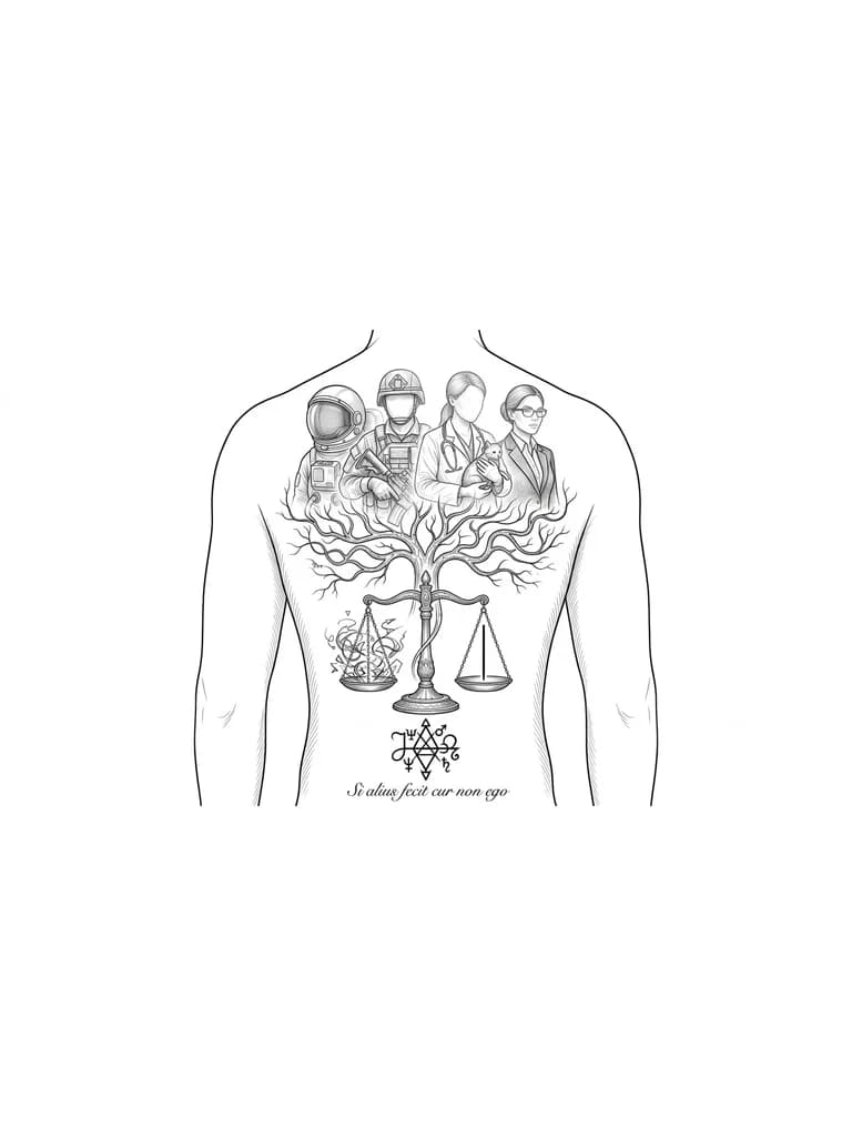Тату эскиз: full back tattoo, fine line engraving style, minimal shading, no heavy black fill, elegant composition following spine. top: ghost-like overlapping figures (astronaut, soldier, veterinarian, businesswoman). center: tree or nervous system with branching paths. lower: antique balance scale, chaos vs single straight line. bottom: abstract sigil. subtle latin text "Si alius fecit cur non ego". clean, detailed, not saturated