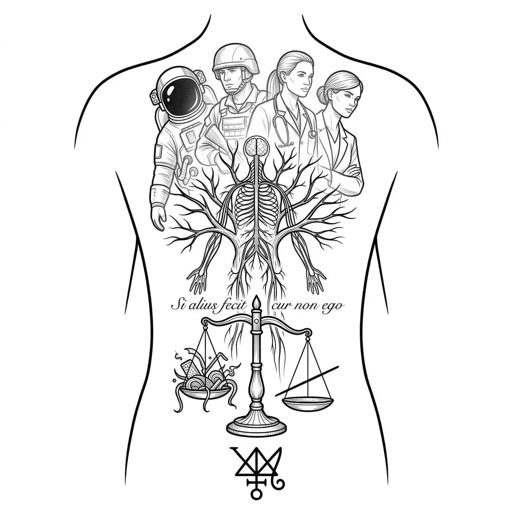 Тату эскиз: full back tattoo, fine line engraving style, minimal shading, no heavy black fill, elegant composition following spine. top: ghost-like overlapping figures (astronaut, soldier, veterinarian, businesswoman). center: tree or nervous system with branching paths. lower: antique balance scale, chaos vs single straight line. bottom: abstract sigil. subtle latin text "Si alius fecit cur non ego". clean, detailed, not saturated