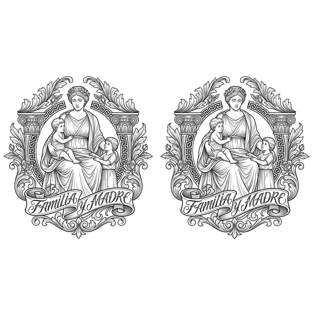 Тату эскиз: Hazme un tatto estilo grecoromano con una figura grecoromana que represente la familia i mi madre , decordado por los lados , que no sea solo la figura. 