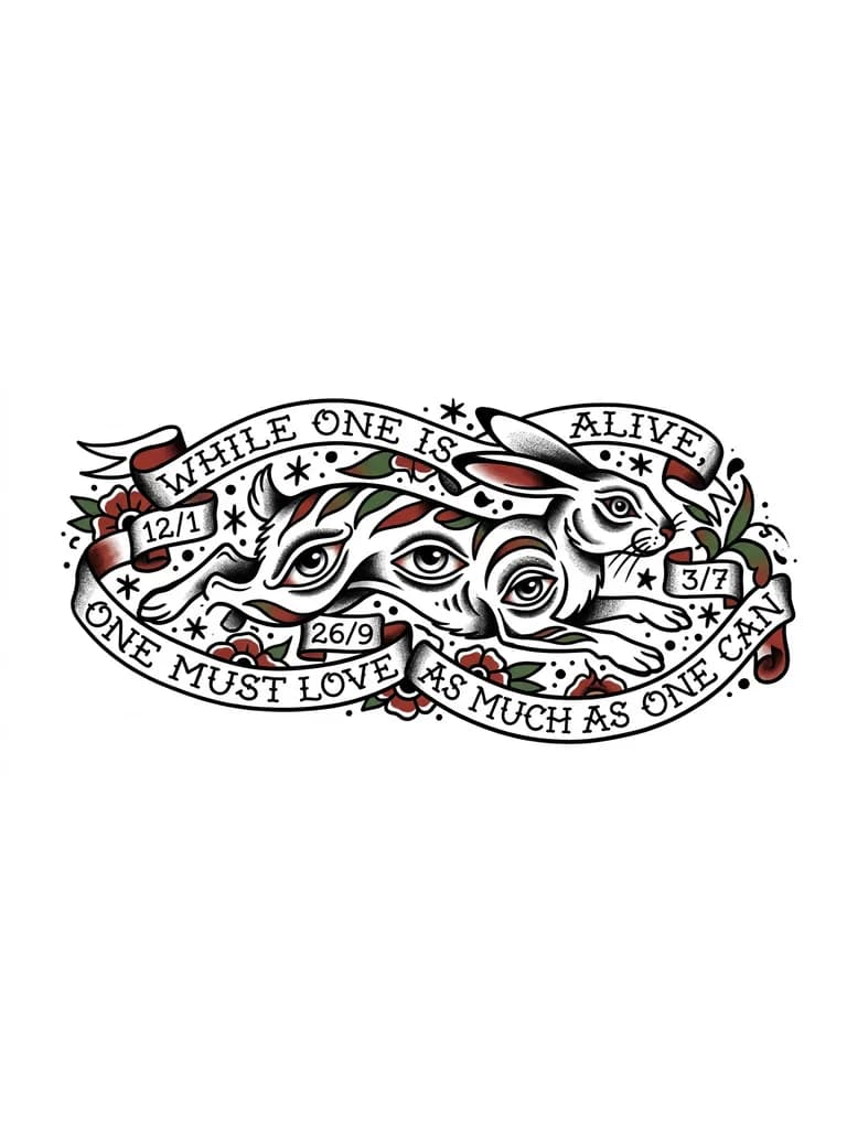 Тату эскиз: “mientras uno esté vivo, uno debe amar lo
más que pueda”

fechas 12/1.  26/9.  3/7. 

conejo

ojos 