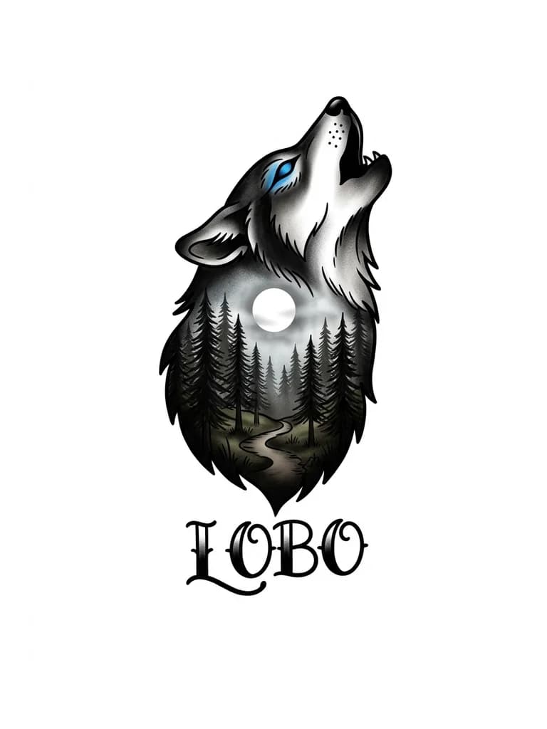 Тату эскиз: tatuaje de lobo estilo doble exposición, silueta de lobo con bosque oscuro dentro, luna llena brillante al fondo, niebla sutil entre los árboles, ojos del lobo con color azul intenso, estilo realista con sombras suaves, composición vertical para antebrazo, diseño limpio y tatuable, alto contraste, detalles finos pero no excesivos, estilo black and grey con toques de color