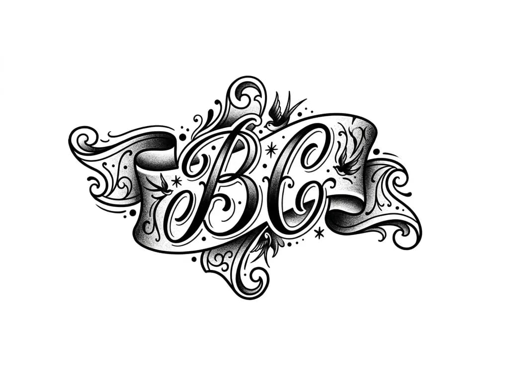 Тату эскиз: Quiero las iniciales de mi novio en mi glúteo derecho de unos 4 cm que quede lindo y sea cursiva en mayúscula pero que no quede feo . Sólo la tipografía 