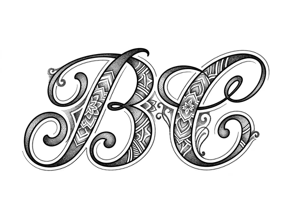 Тату эскиз: Quiero las iniciales de mi novio en mi glúteo derecho de unos 4 cm que quede lindo y sea cursiva en mayúscula pero que no quede feo . Sólo la tipografía 