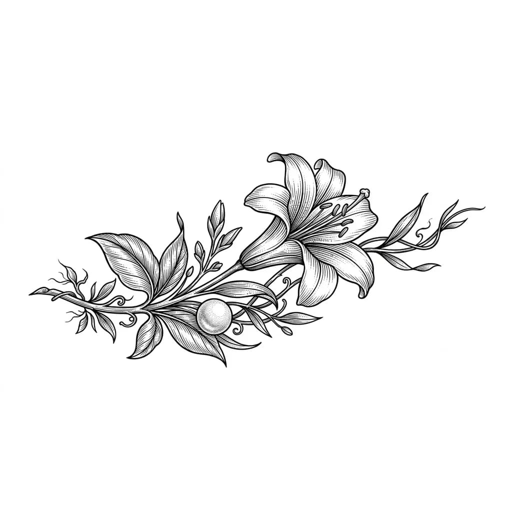 Тату эскиз: faça uma tatuagem com o desenho de uma flor de lírio e uma pérola 