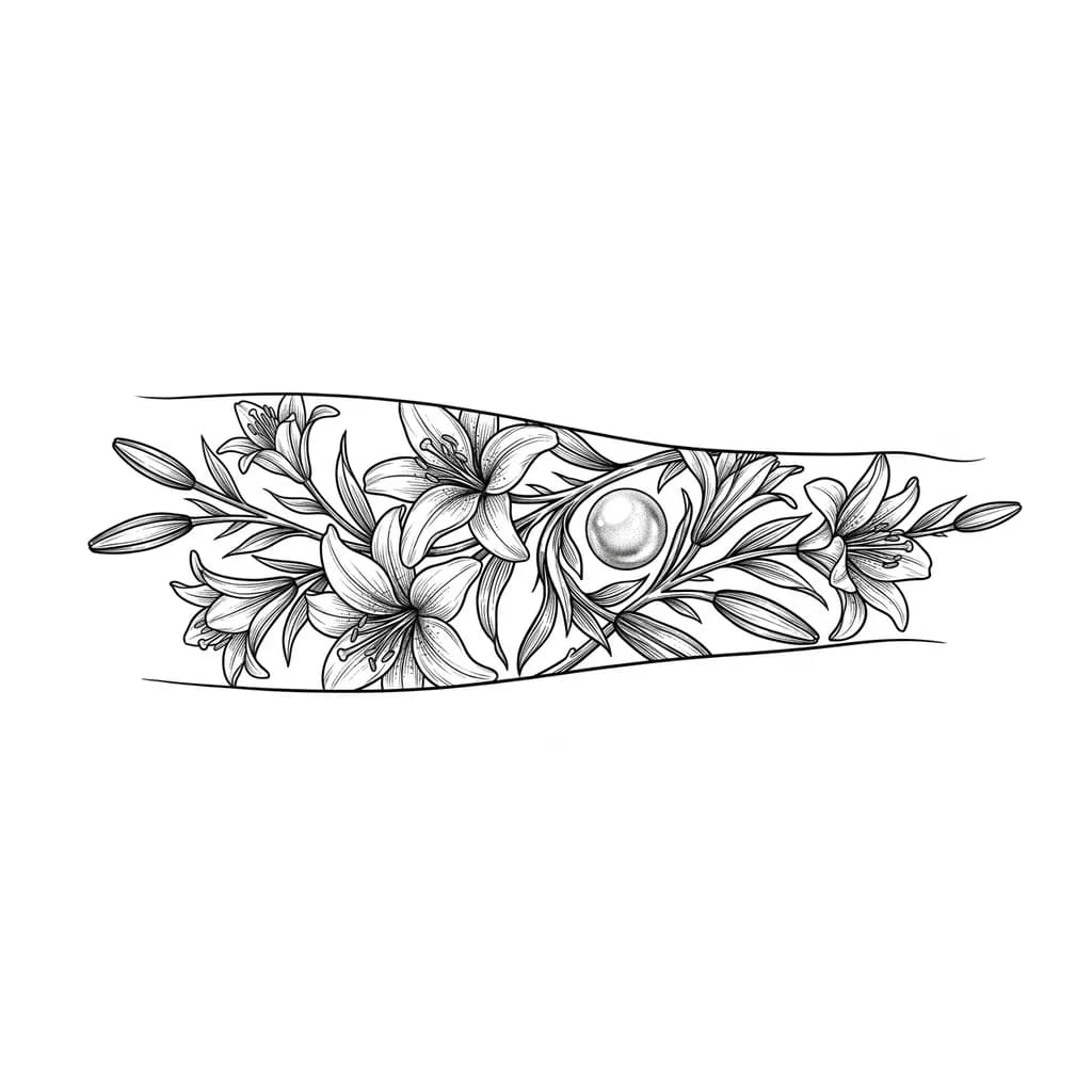 Тату эскиз: faça uma tatuagem com o desenho de uma flor de lírio e uma pérola 
