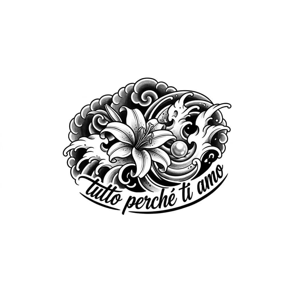 Тату эскиз: faça uma tatuagem com o desenho de uma flor de lírio e uma pérola  e uma escrita "tutto perché ti amo"