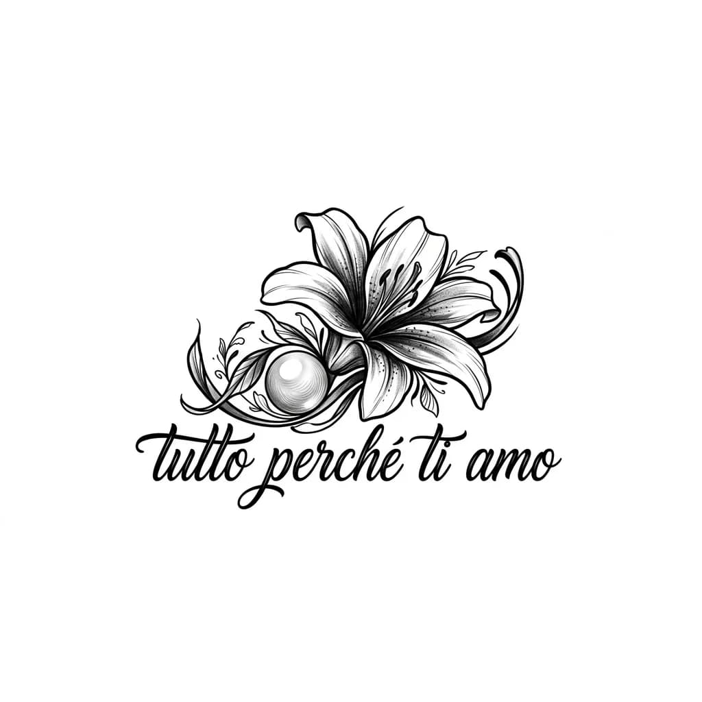 Тату эскиз: faça uma tatuagem com o desenho de uma flor de lírio e uma pérola  e uma escrita "tutto perché ti amo"