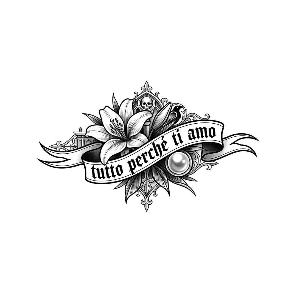 Тату эскиз: faça uma tatuagem com o desenho de uma flor de lírio e uma pérola  e uma escrita "tutto perché ti amo"