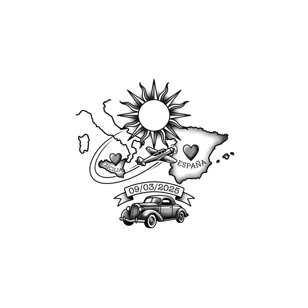 Тату эскиз: Quiero un tatuaje que representa mi mudancia en España el 09/03/2025 con un avión qie va desde Sicilia a España y con dos corazones uno en Sicilia y uno en España y un sol qie ilumina todo y abajo algo que representa mi pasión ósea los coches