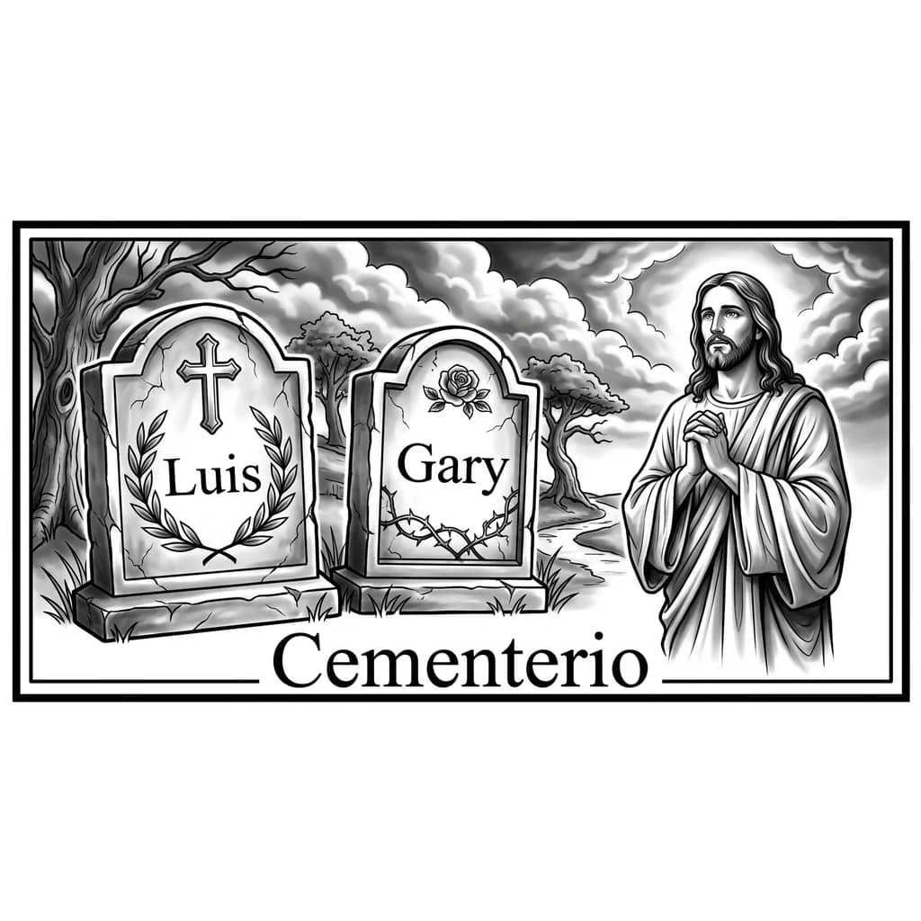 Тату эскиз: Cementerio con 2 tumbas o 2 cruces con el nombre de Luis y Gary hecho en la pierna con Jesús al lado y nubes 
