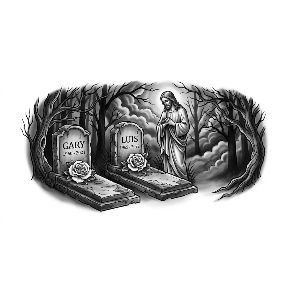 Тату эскиз: Cementerio con 2 tumbas con el nombre de Gary y otra Luis con Jesús al Lado y nubes con árboles al estilo triste boscoso aterrador una rosa blanca y fechas de el fallecimiento en sus tumbas dejar espacio para hacer mas tumbas