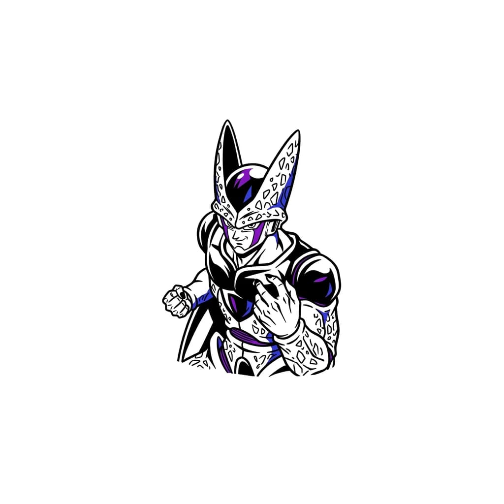 Тату эскиз: Hazme a cell de dragón ball en tattoo que sea un estilo Blackwork con detalles mínimos en color morados y azul, qué no sea de cuerpo completo