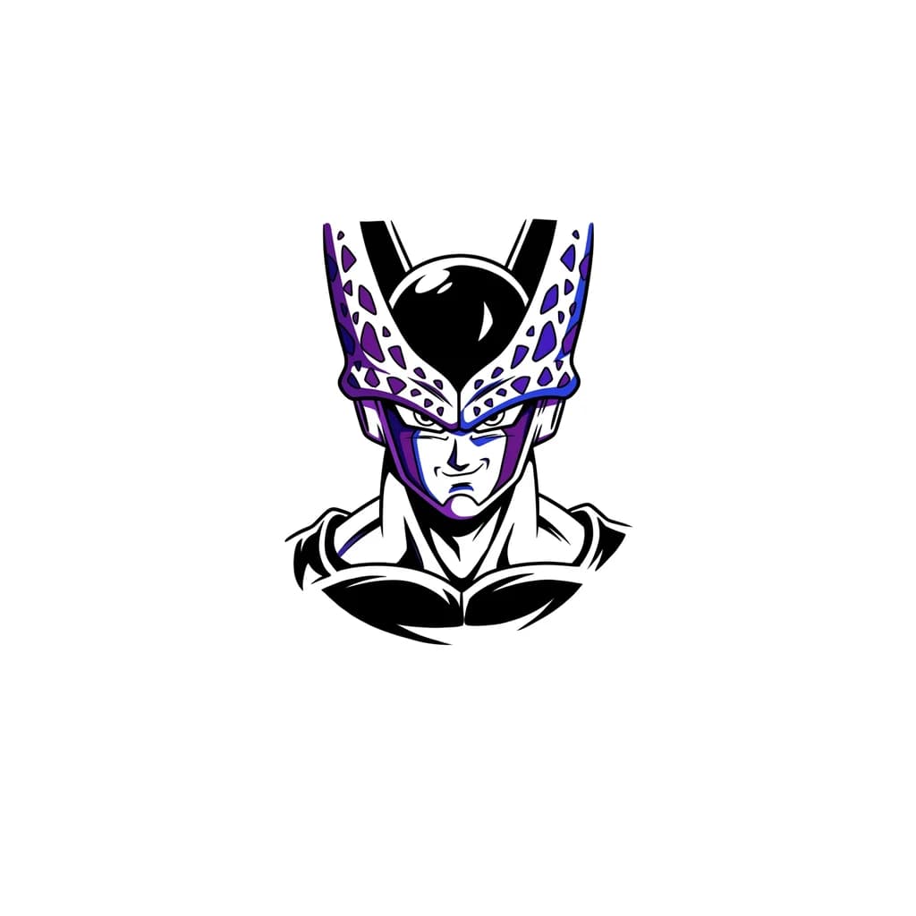 Тату эскиз: Hazme a cell de dragón ball en tattoo que sea un estilo Blackwork con detalles mínimos en color morados y azul, qué no sea de cuerpo completo