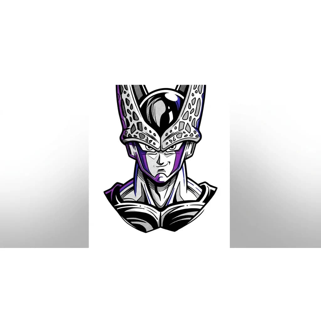Тату эскиз: Hazme a cell de dragón ball en tattoo que sea un estilo Blackwork con detalles mínimos en color morados y azul, qué no sea de cuerpo completo