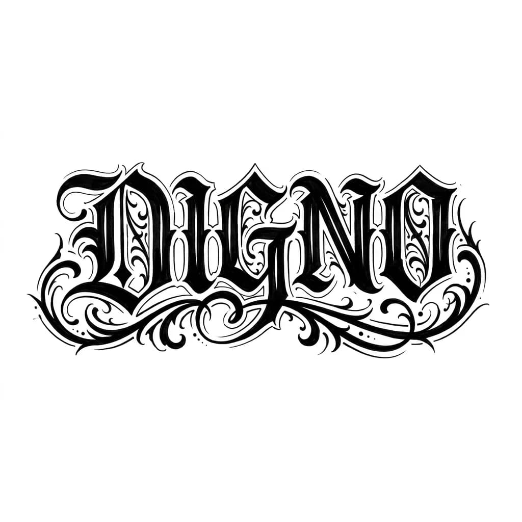 Тату эскиз: word "DIGNO", extreme dark gothic blackletter tattoo, chicano style, very bold letters, deep black ink, intense shading, 3D effect, sharp spikes, ornamental flourishes, dark smoke background, high contrast, tattoo stencil, realistic skin tattoo style