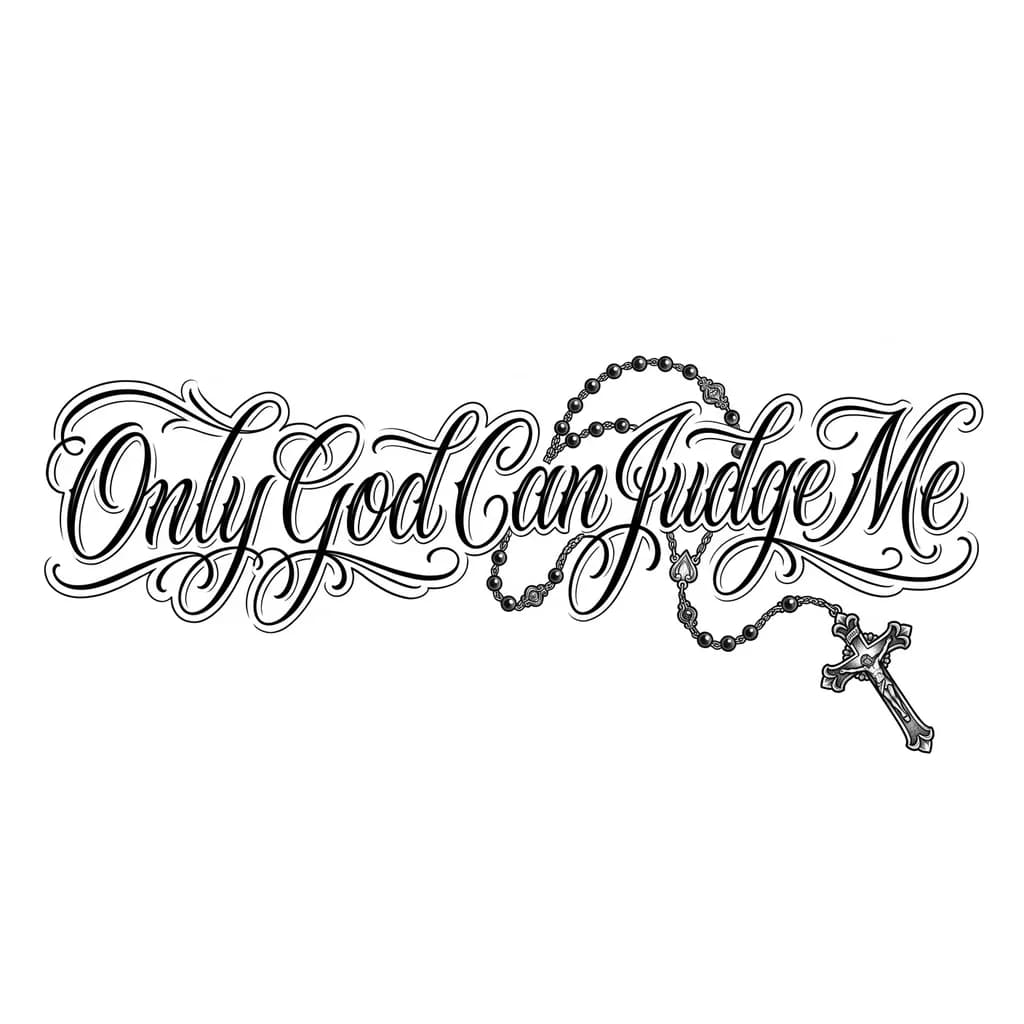 Тату эскиз: Quero que faça no estilo calligraphy com fonte ballet a seguinte frase: Only God Can Judge Me. A frase deve estar em apenas uma linha com uma pequena curvatura no começo e fim, não quero nenhuma borda na frase, apenas as letras em cor ‘preto’, entre o meio e o fim da frase adicione um terço, estilo vintage em preto e branco com a sua corrente passando encima das letras 