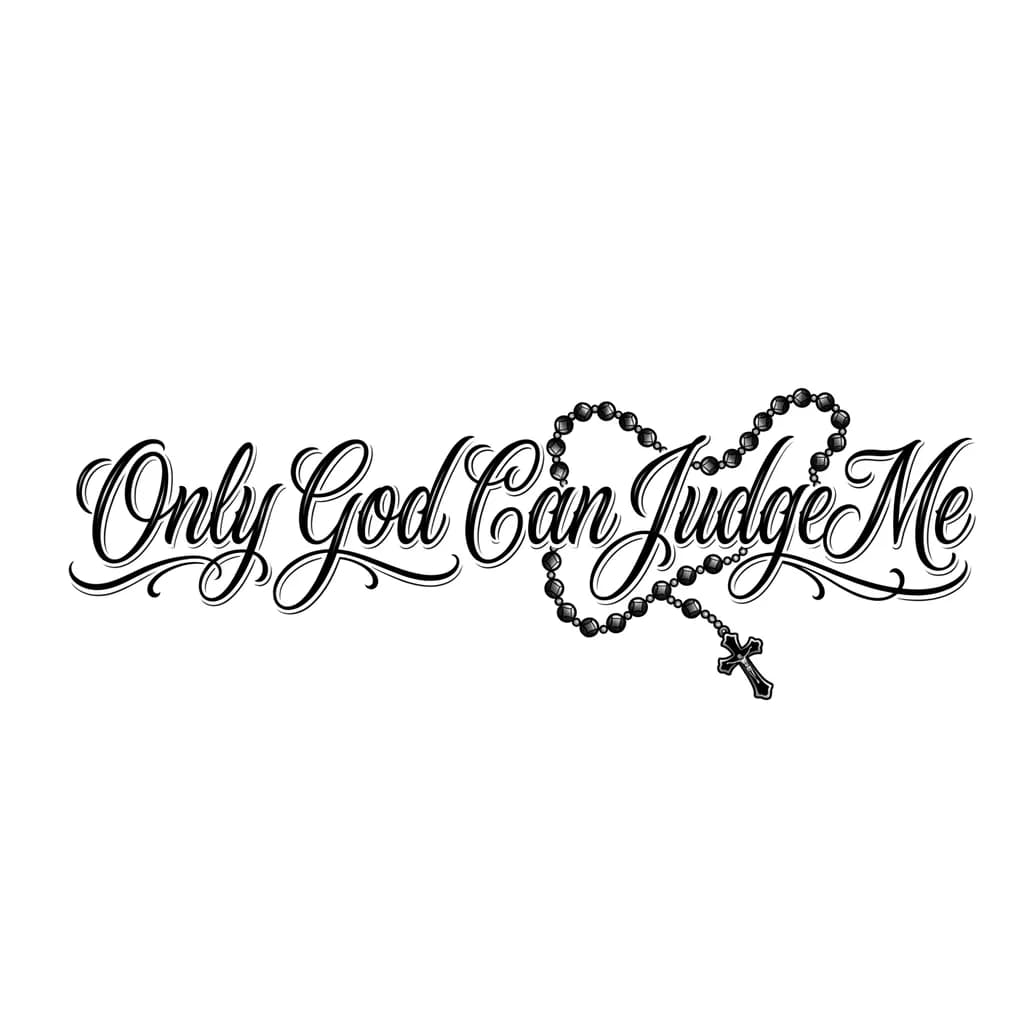 Тату эскиз: Quero que faça no estilo calligraphy com fonte ballet a seguinte frase: Only God Can Judge Me. A frase deve estar em apenas uma linha com uma pequena curvatura no começo e fim, não quero nenhuma borda na frase, apenas as letras em cor ‘preto’. Entre o meio e o fim da frase adicione um terço escuro vintage em preto e branco, com a sua corrente passando por cima das letras, não esqueça que a frase deve ter uma pequena curvatura no começo e fim 