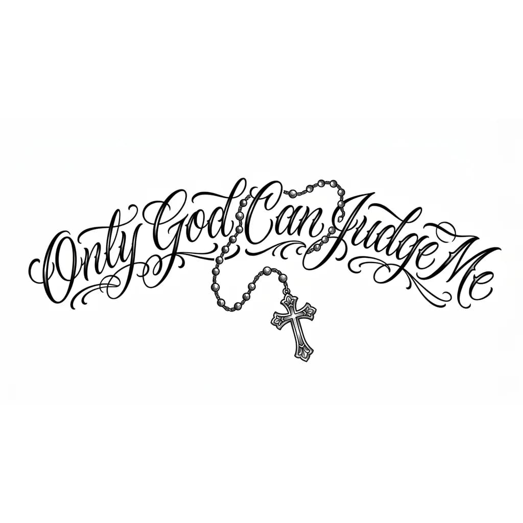 Тату эскиз: Quero que faça no estilo calligraphy com fonte ballet a seguinte frase: Only God Can Judge Me. A frase deve estar em apenas uma linha com uma pequena curvatura no começo e fim. Entre o meio e o fim da frase adicione um terço escuro vintage em preto e branco, com a sua corrente passando por cima das letras, não esqueça que a frase deve ter uma  curvatura no começo e fim 