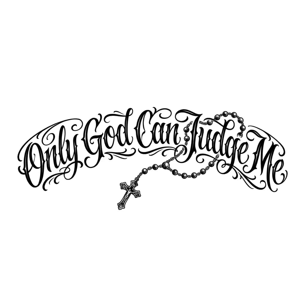 Тату эскиз: Quero que faça no estilo calligraphy com fonte ballet a seguinte frase: Only God Can Judge Me. A frase deve estar em apenas uma linha com uma pequena curvatura no começo e fim, não quero nenhuma borda na frase, apenas as letras em cor ‘preto’. Entre o meio e o fim da frase adicione um terço escuro vintage em preto e branco, com a sua corrente passando por cima das letras, não esqueça que a frase deve ter uma pequena curvatura no começo e fim 