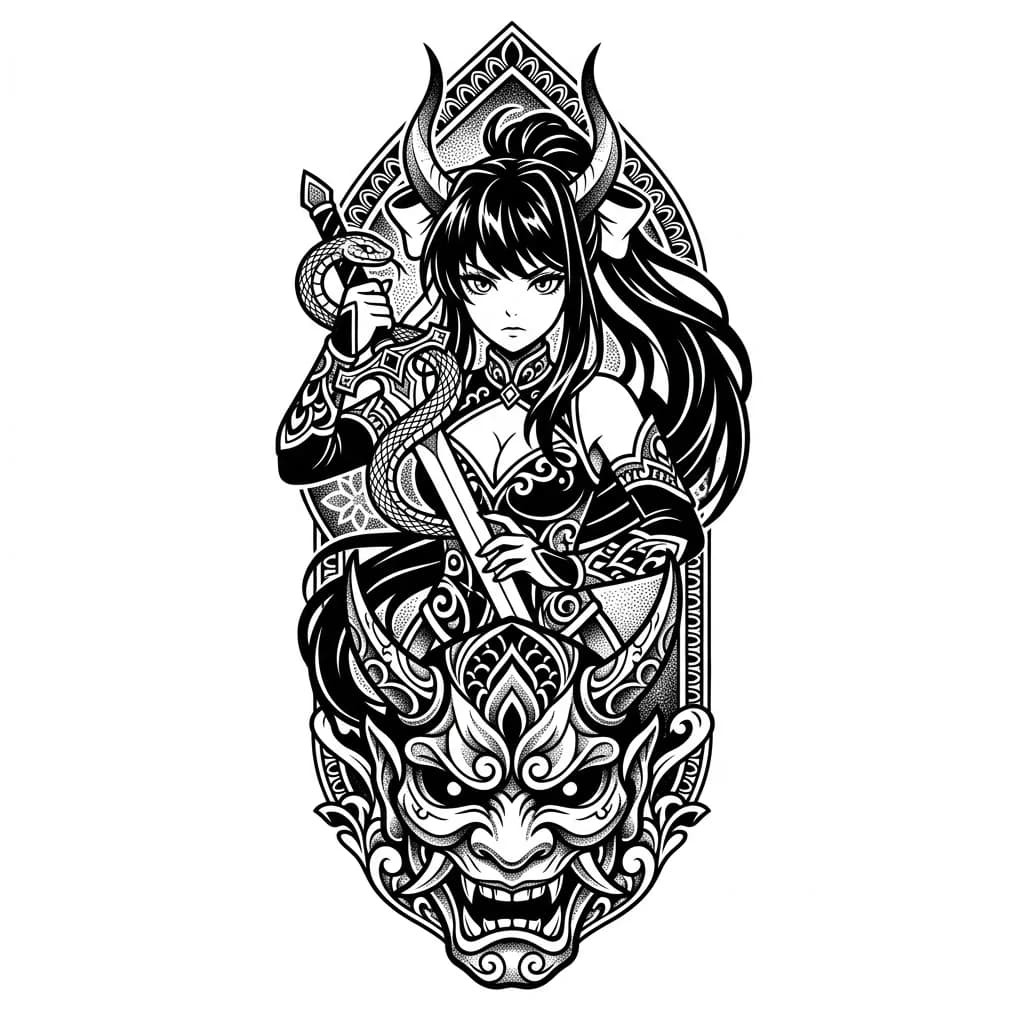 Тату эскиз: tatuaje manga blackwork de chica demonio con cuernos (monika doki Doki), sosteniendo una espada con una serpiente enrollada, máscara oni en la parte inferior, composición vertical, alto contraste, sombreado detallado, estilo dark anime” 
