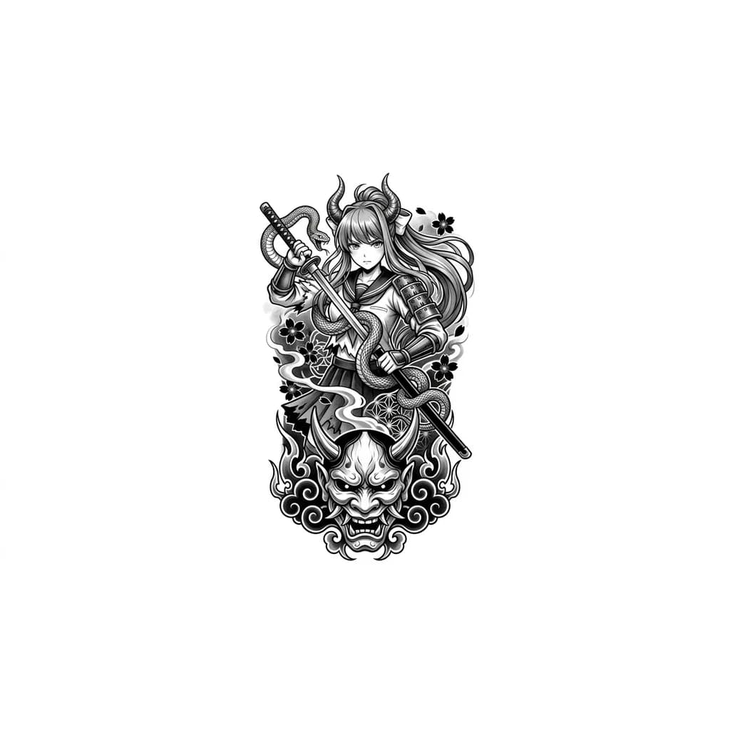 Тату эскиз: tatuaje manga blackwork de chica demonio con cuernos (monika doki Doki), sosteniendo una espada con una serpiente enrollada, máscara oni en la parte inferior, composición vertical, alto contraste, sombreado detallado, estilo dark anime” 