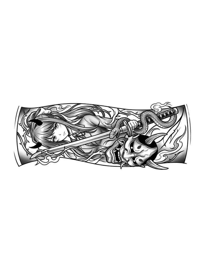 Тату эскиз: tatuaje manga blackwork de chica demonio con cuernos (monika doki Doki), sosteniendo una espada con una serpiente enrollada, máscara oni en la parte inferior, composición vertical, alto contraste, sombreado detallado, estilo dark anime” 