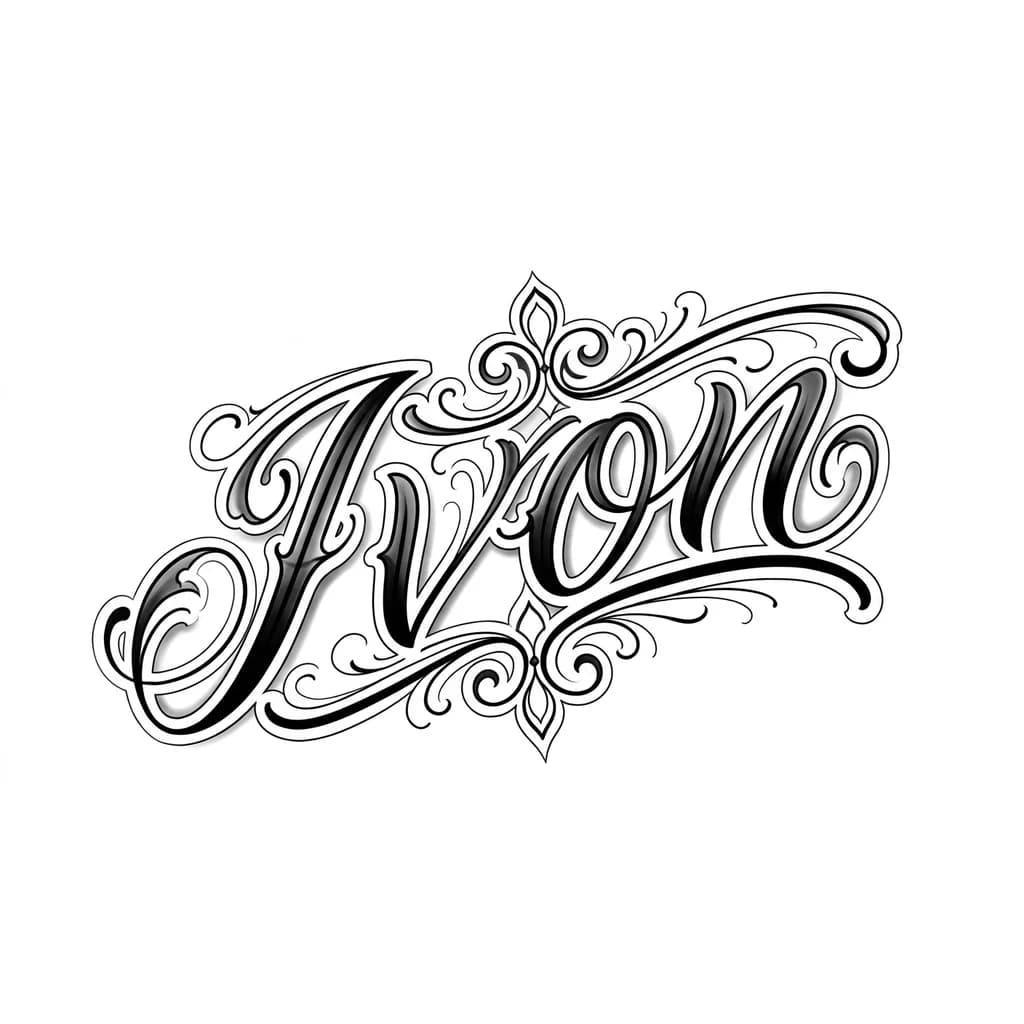 Тату эскиз: ivon in chicano script lettering, flowing curved baseline, diagonal composition, elegant ornamental flourishes, smooth swashes, bold and thin contrast lines, black and grey tattoo style, soft realistic shading, 3D depth, clean highlights, highly detailed, symmetrical decorative elements, classic lowrider lettering style