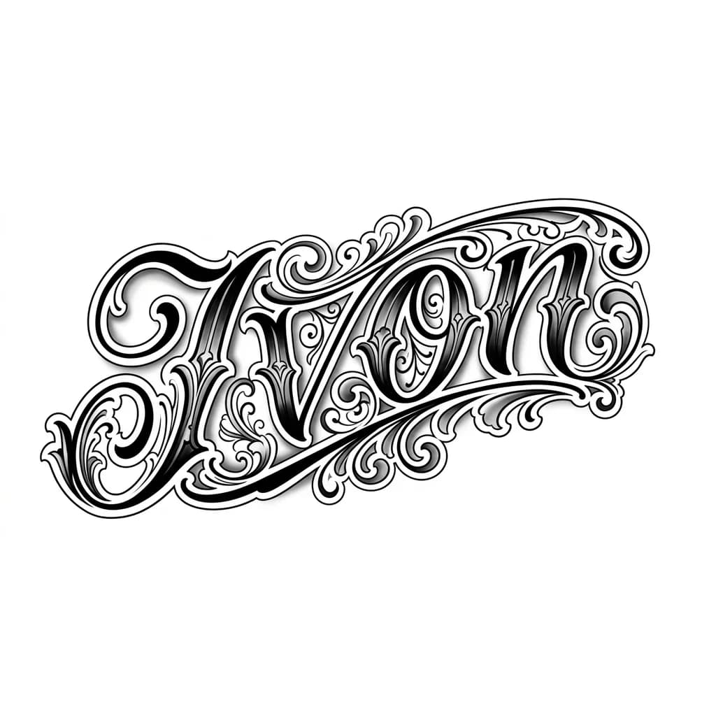 Тату эскиз: ivon in chicano script lettering, diagonal slanted composition, flowing curved baseline, exaggerated swashes, extended loops, rich ornamental flourishes, intricate decorative curls, symmetrical filigree elements, ornamental background shapes, bold and thin contrast lines, black and grey tattoo style, soft airbrush shading, realistic shadows, smooth gradients, 3D depth, clean highlights, highly detailed, elegant lowrider lettering, tattoo flash style