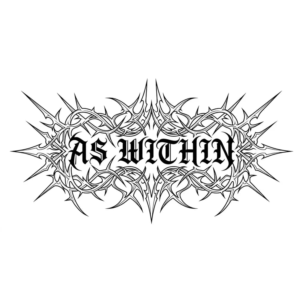 Тату эскиз: "As within", black metal tattoo lettering, highly detailed, sharp spikes and thorn-like extensions, symmetrical composition, dark gothic style, inspired by extreme metal band logos, BUT readable text, clear letter structure, balanced spacing between letters, semi-legible metal typography, controlled chaos, not overly distorted, high contrast black ink, clean tattoo stencil, vector style, centered, white background, no shading, no color