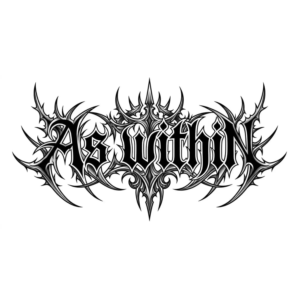 Тату эскиз: "As within", black metal tattoo lettering, highly detailed, sharp spikes and thorn-like extensions, symmetrical composition, dark gothic style, inspired by extreme metal band logos, BUT readable text, clear letter structure, balanced spacing between letters, semi-legible metal typography, controlled chaos, not overly distorted, high contrast black ink, clean tattoo stencil, vector style, centered, white background, no shading, no color