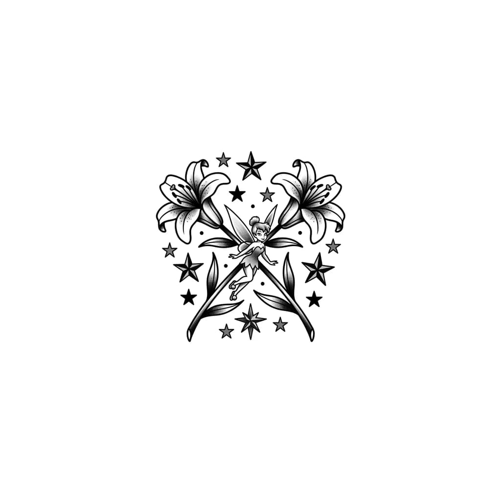 Тату эскиз: Quiero unas flores de lirios cruzadas en la espalda de una mujer, con una tinker Bell en el centro y varias estrellas a su alrededor 

